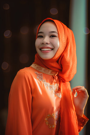 Portrait of beautiful Asian muslim woman wearing hijab and smiling.の素材