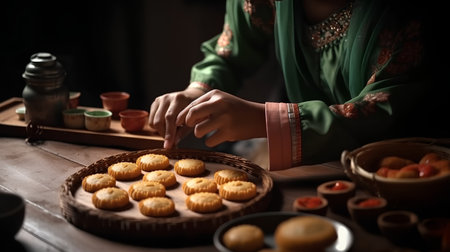 Indian woman making sweet and savoury muffins at home.の素材