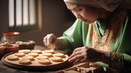 Muslim woman making cookies for Eid al-Fitr celebration at homeの素材