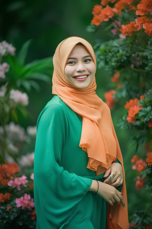 Veiled teenager with hijab smiling at the camera with flower background.の素材