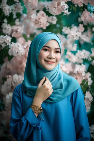 Portrait of beautiful muslim woman wearing hijab with sakura backgroundの素材