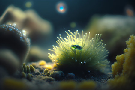 Underwater scene with sea anemone and fish. 3d renderの素材