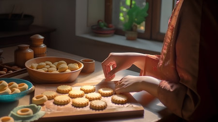 Woman making cookies in the kitchen at home. Selective focus.の素材