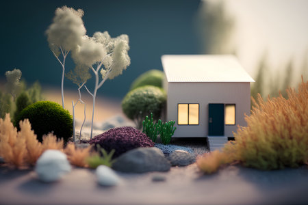 Miniature model house with grass and soil. 3d illustration.の素材