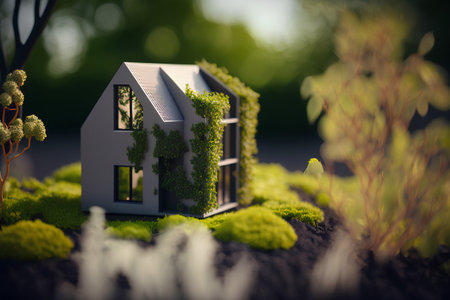 Miniature house on green grass. Real estate concept. 3d renderingの素材