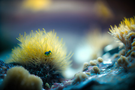 Underwater view of a yellow anemone on a coral reefの素材