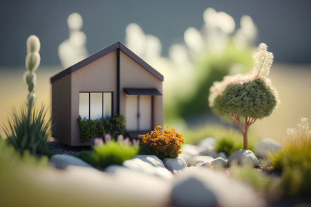 Real estate concept. Small house in the garden. 3d renderの素材