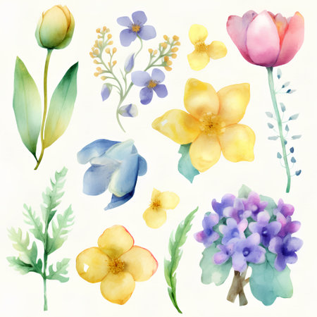 Set of watercolor flowers. Hand-drawn illustration on a white backgroundの素材