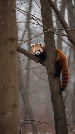 Red panda on a tree in the winter forest. (Ailurus fulgens)の素材