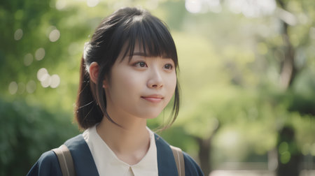 Young woman standing in the park and looking at the camera with smileの素材