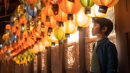 Asian boy with paper lanterns in the temple, Chiang Mai, Thailandの素材