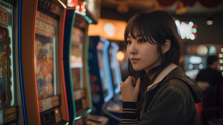Young beautiful asian woman playing a slot machine in a casino.の素材