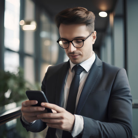 Handsome young businessman in eyeglasses using mobile phone in officeの素材