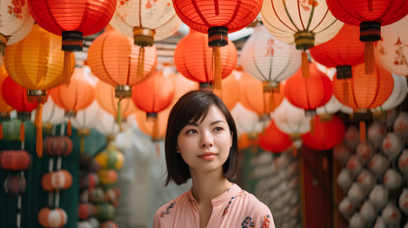 Portrait of a beautiful asian woman with chinese lanternsの素材