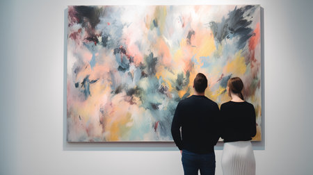 Man and woman looking at painting in art gallery. Art and exhibition conceptの素材