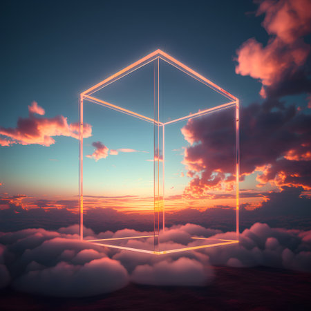3d render, abstract background with glass cube, clouds and skyの素材