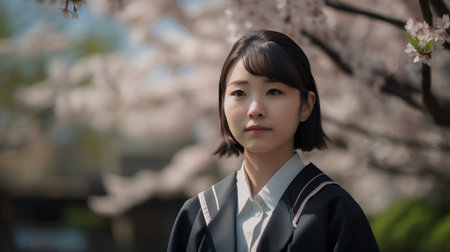 Japanese girl in school uniform (cherry blossom) in springの素材