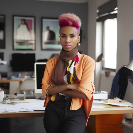 Portrait of young african american fashion designer standing in officeの素材