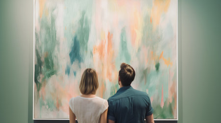 Back view of young couple looking at painting on wall in art galleryの素材