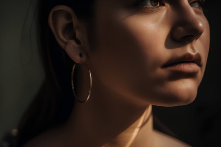 Close-up portrait of beautiful young woman with earring on dark backgroundの素材