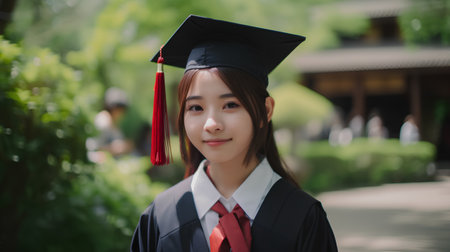 Portrait of a beautiful asian woman in graduation gown and capの素材