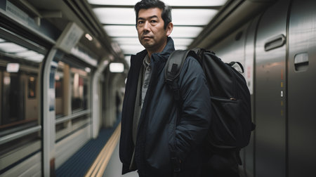 Asian man with backpack standing in the subway train and looking at cameraの素材