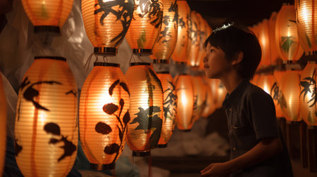 Little Asian boy looking at the lanterns in the night market.の素材