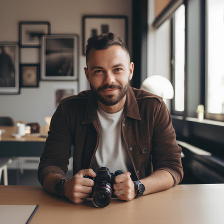 Handsome photographer sitting at his desk in a cafe and smilingの素材