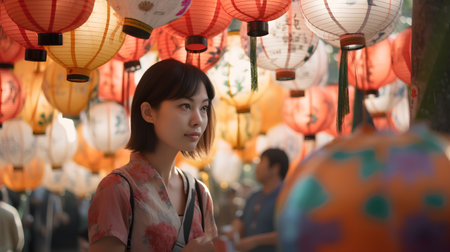 Beautiful asian woman with paper lanterns in chinese templeの素材