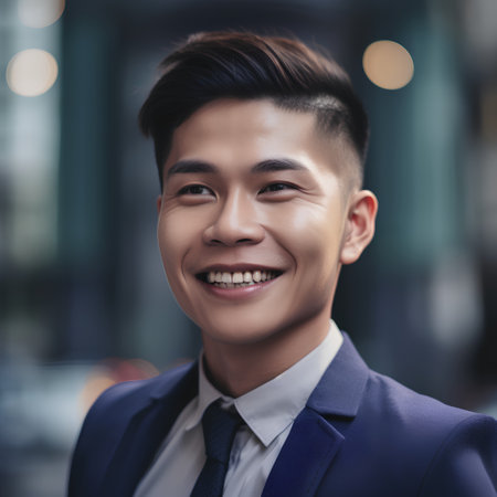 Portrait of young asian businessman smiling at the camera in the cityの素材