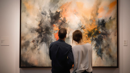Man and woman looking at a painting in art gallery. Rear view.の素材