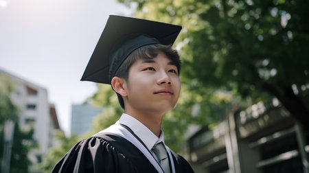 Young man in graduation gown and cap on the background of the cityの素材