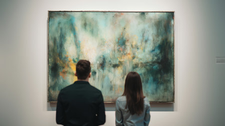 Man and woman looking at painting in art gallery. Rear view.の素材