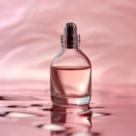 perfume bottle on pink background with water drops, 3d illustrationの素材