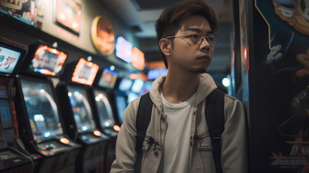 Portrait of young Asian man playing slot machine in a casino.の素材