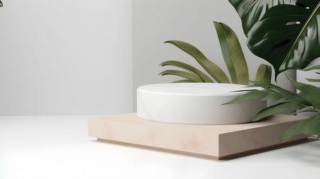 3d render of a podium for product presentation with monstera leavesの素材