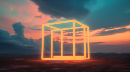 3d render of glass window on sunset sky background. Minimal concept.の素材