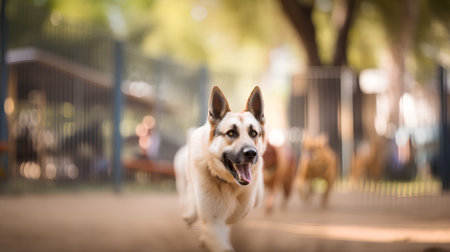 Portrait of a happy German shepherd dog running in the park.の素材