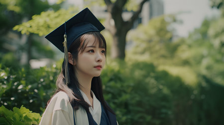 A shot of a beautiful asian girl in graduation cap and gownの素材