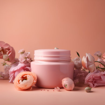 Cream jar with flowers on a pink background. Beauty concept.の素材