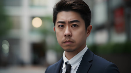 Portrait of young Asian businessman looking at camera with serious expression.の素材
