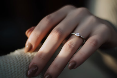Diamond ring on the hand of a girl. Jewelry and accessories.の素材