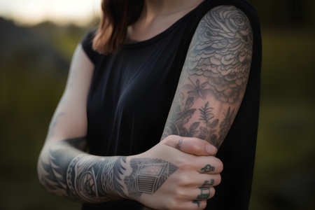 A tattooed girl in a black T-shirt with a tattoo on her armの素材