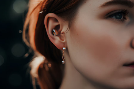 Closeup portrait of a beautiful young redhead woman wearing earringの素材