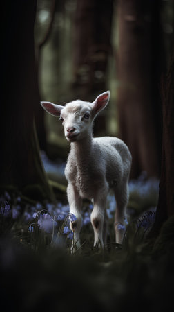 Cute little lamb in the forest with blue flowers in the backgroundの素材