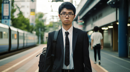 Young Asian businessman waiting at the train station in Tokyo, Japan.の素材