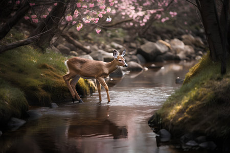 Wild roe deer in Japanese garden with cherry blossom in backgroundの素材