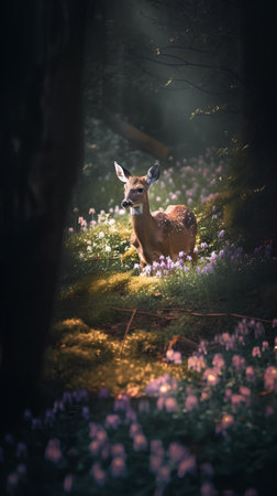 Young whitetail deer in a meadow with blooming flowersの素材
