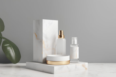 3d render of white marble podium with cosmetic products, mockupの素材