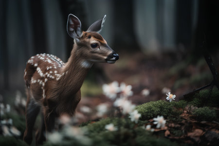 Fawn in the forest with white flowers and green grass, soft focusの素材